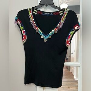 Dolce Cabo Black V-Neck with Colorful Beading and embroidery Sz S EUC